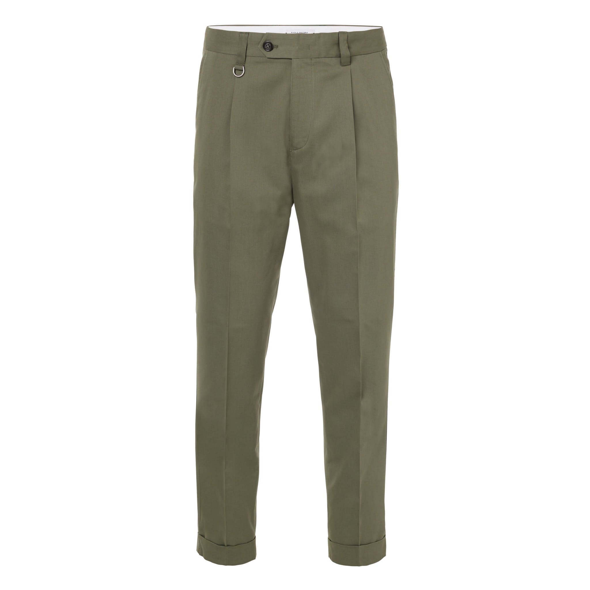 Chino Sartoriale con Pinces "Duomo" in Gabardina Smerigliata Kaki Pantalone Tessuto Paolo Pecora