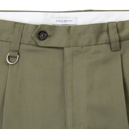 Chino Sartoriale con Pinces "Duomo" in Gabardina Smerigliata Kaki Pantalone Tessuto Paolo Pecora