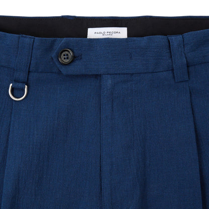 Chino Sartoriale con Pinces "Duomo" in Lino Stretch Blu Navy Pantalone Tessuto Paolo Pecora