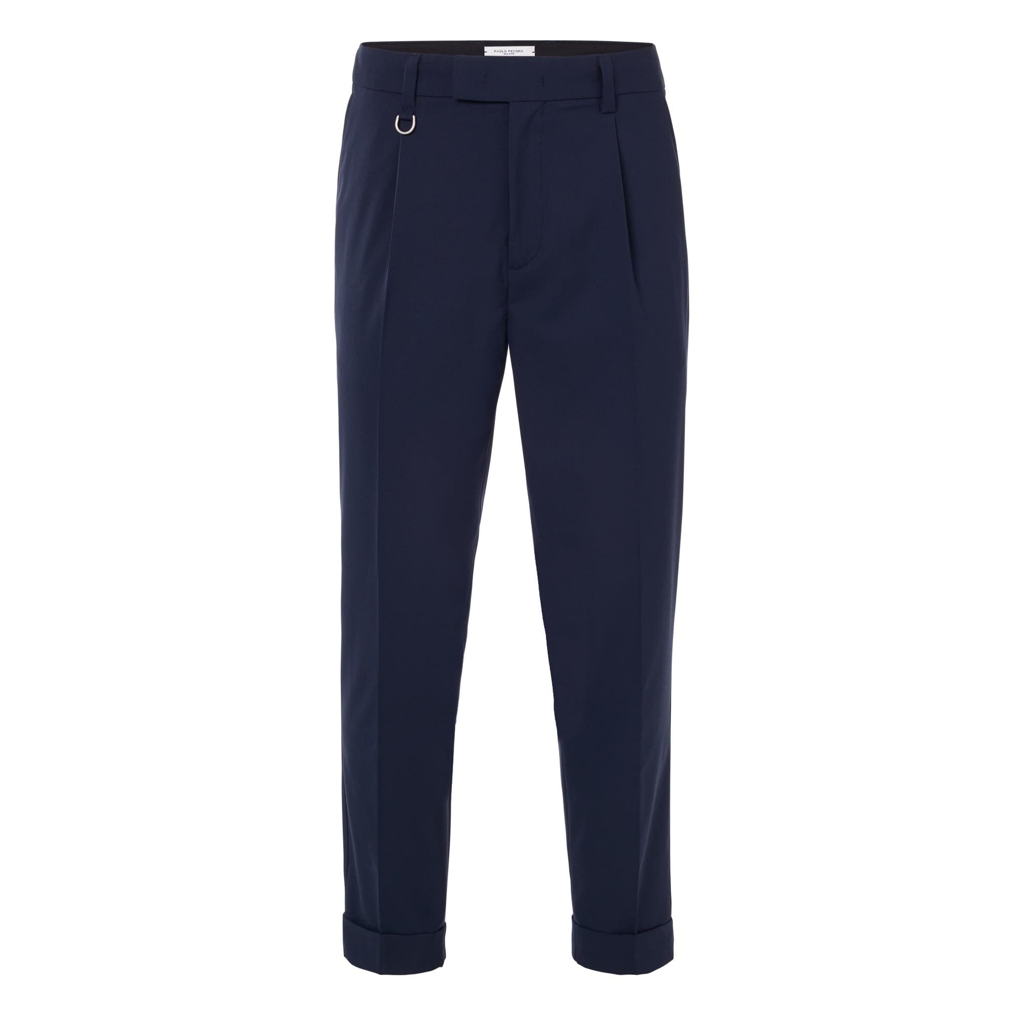 Chino Sartoriale con Pinces "Duomo" in Tela Stretch Blu Navy Pantalone Tessuto Paolo Pecora