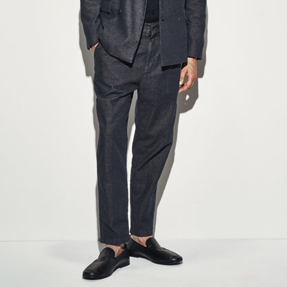 Pantalone Chino Relaxed Fit in Cotone e Lino Blu Pantalone Tessuto Paolo Pecora