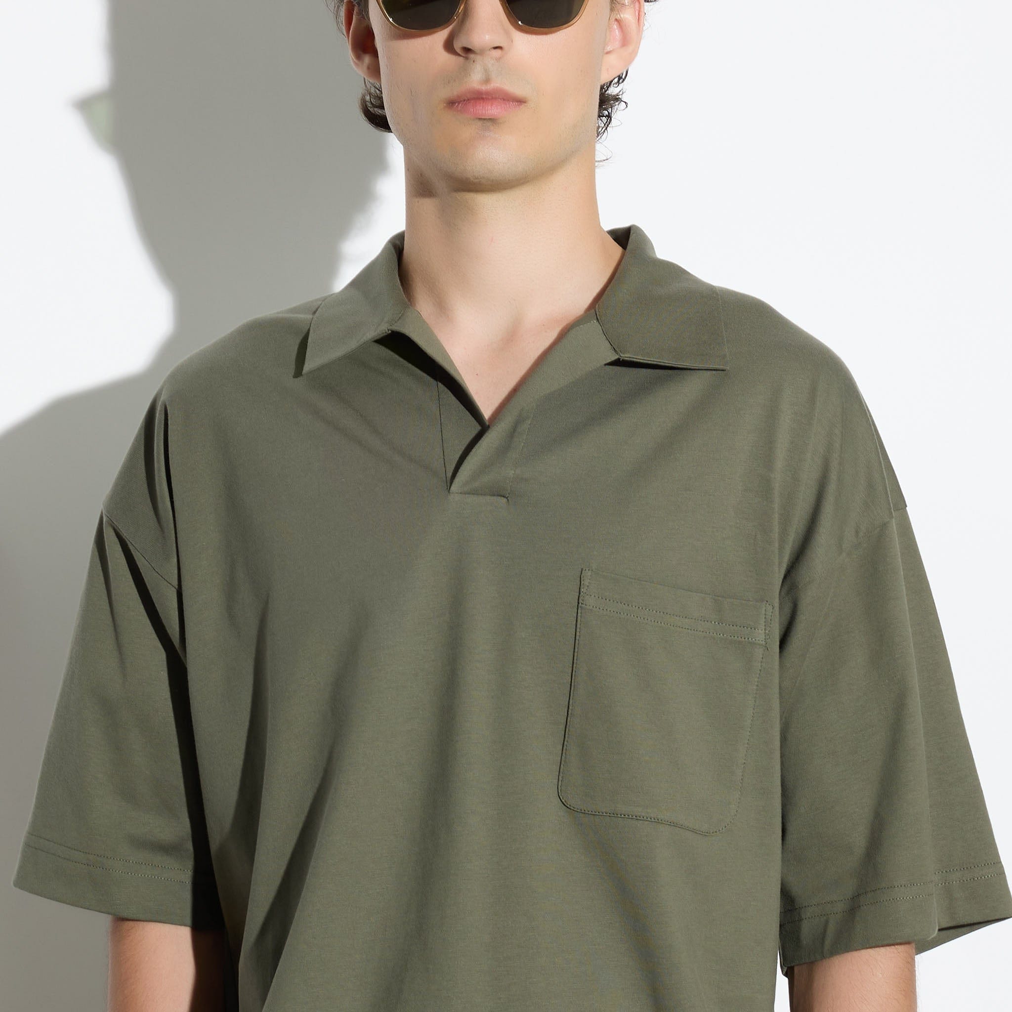 Maglia a Polo Over con Collo Aperto in Cotone Verde Scuro Polo T-Shirt Paolo Pecora