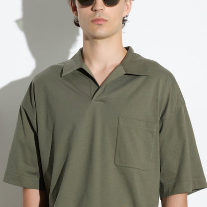 Maglia a Polo Over con Collo Aperto in Cotone Verde Scuro Polo T-Shirt Paolo Pecora