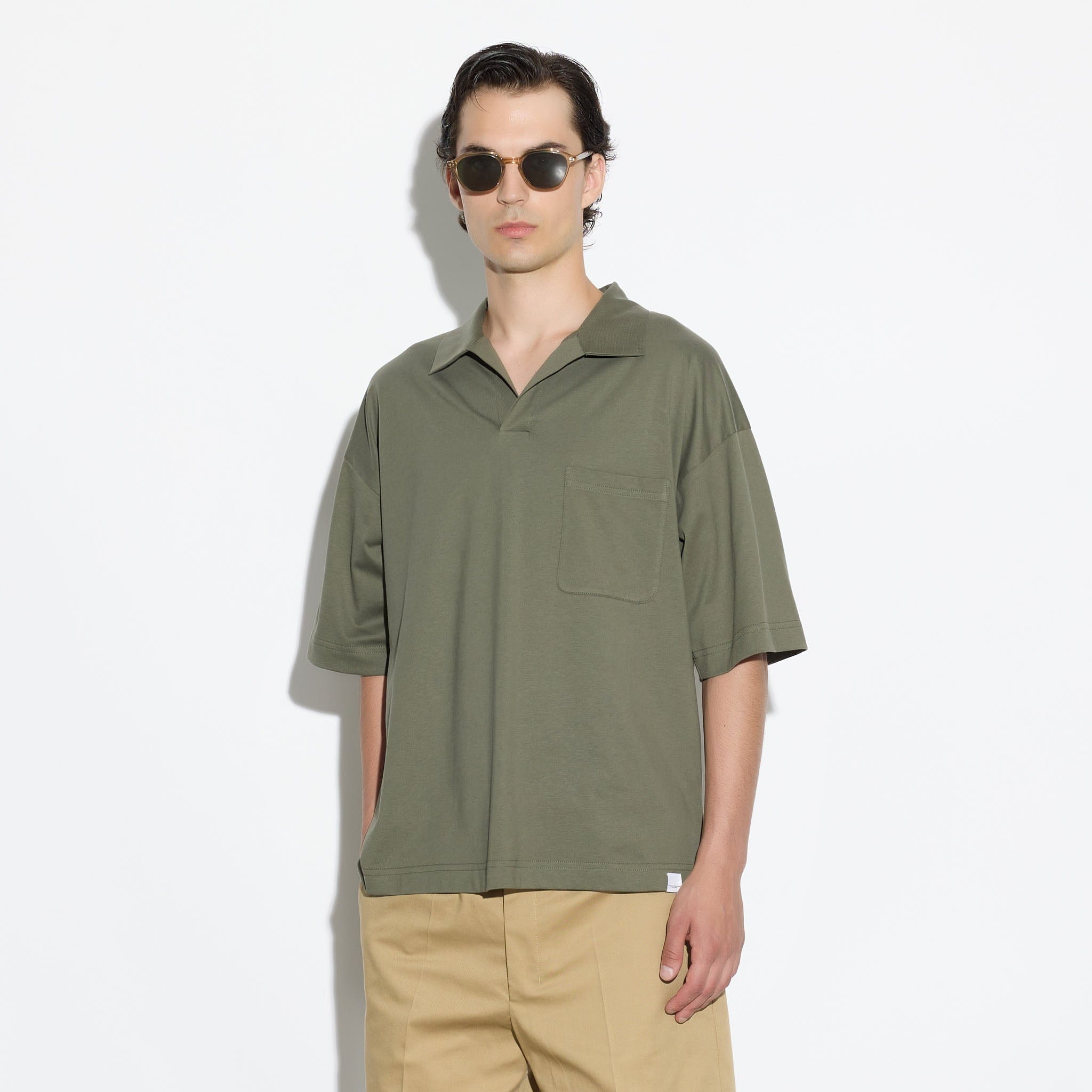 Maglia a Polo Over con Collo Aperto in Cotone Verde Scuro Polo T-Shirt Paolo Pecora