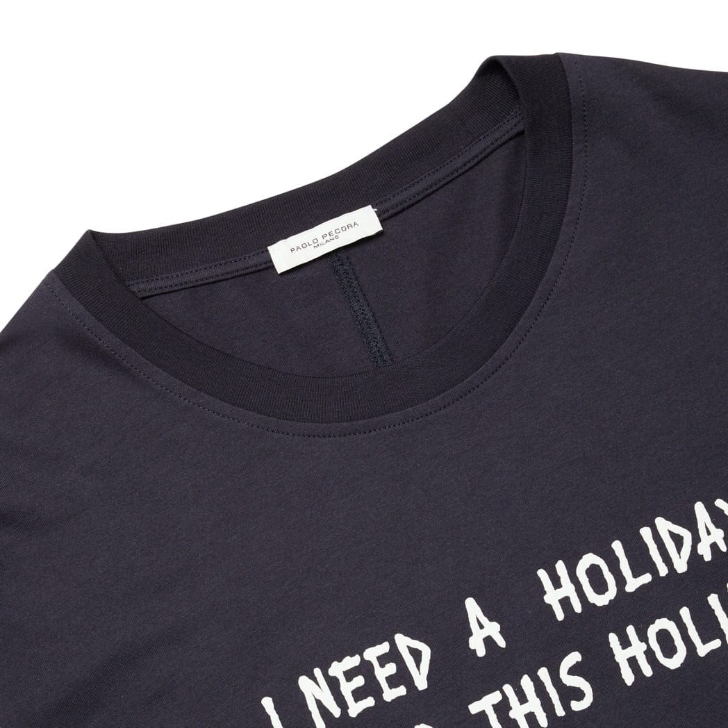 Paolo Pecora T-shirt in Jersey Blu Navy di Cotone "I Need a Holiday After This Holiday" by Pietro Terzini